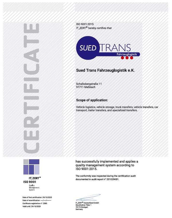 SUED-TRANS ISO 9001:2015 Zertifikat english